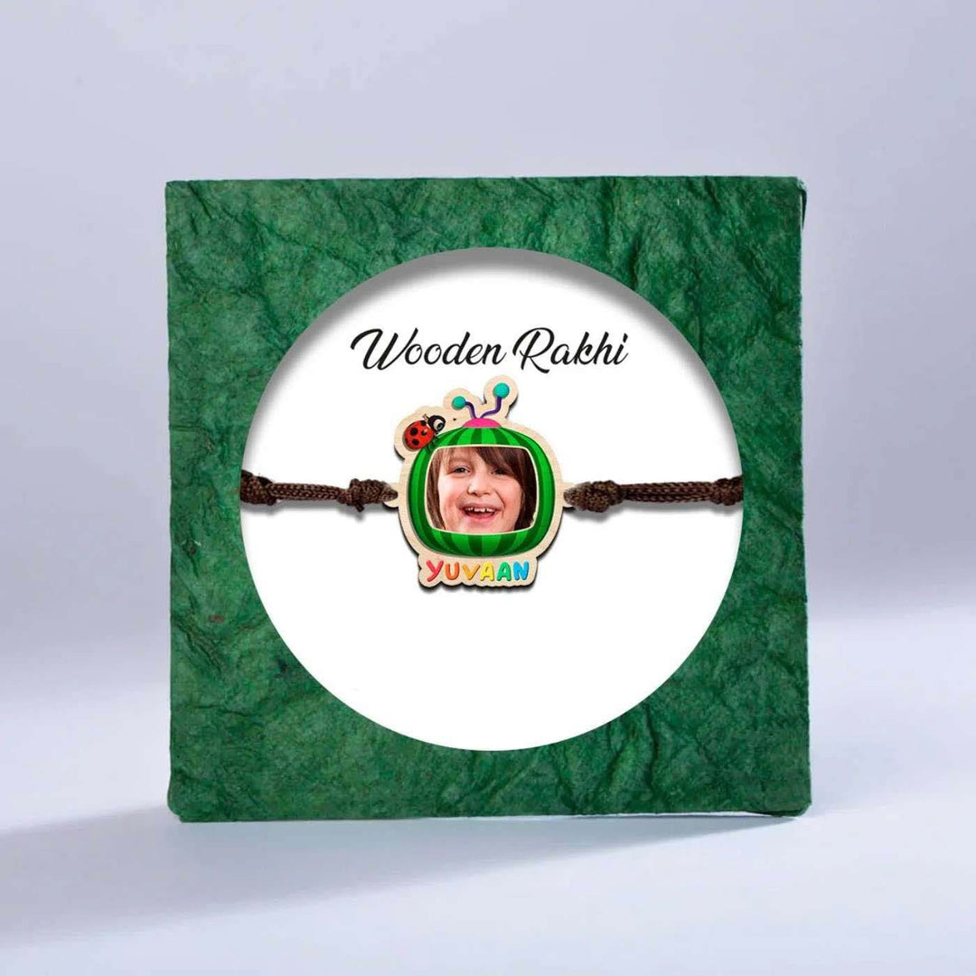 Photo Personalized Handmade Cocomelon Wooden Kids Rakhi With Roli Chawal