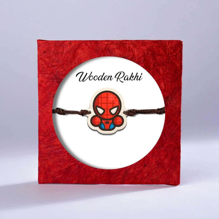 Handmade Spiderman Chibi Wooden Kids Rakhi With Roli Chawal