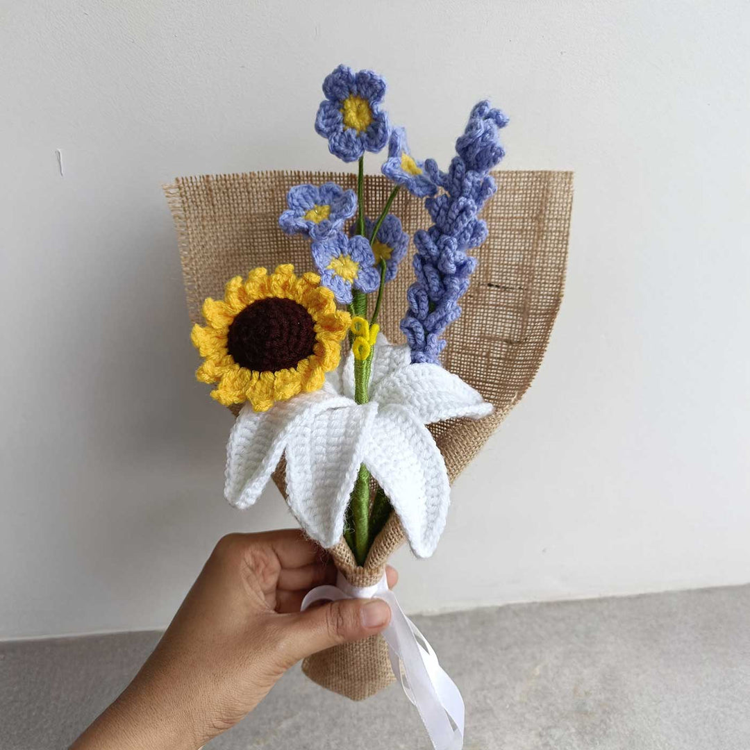 Handmade Crochet White Lily & Sunflower Bouquet | Set Of 4