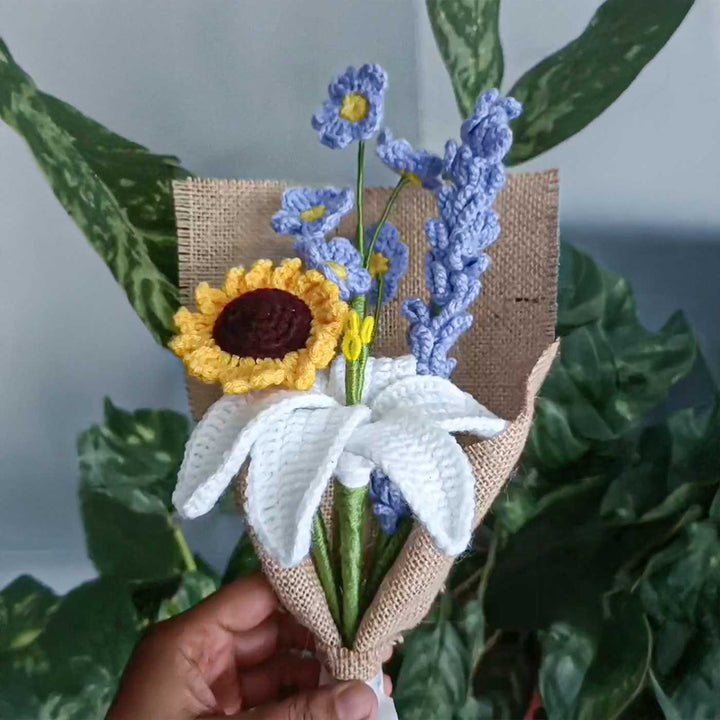 Handmade Crochet White Lily & Sunflower Bouquet | Set Of 4