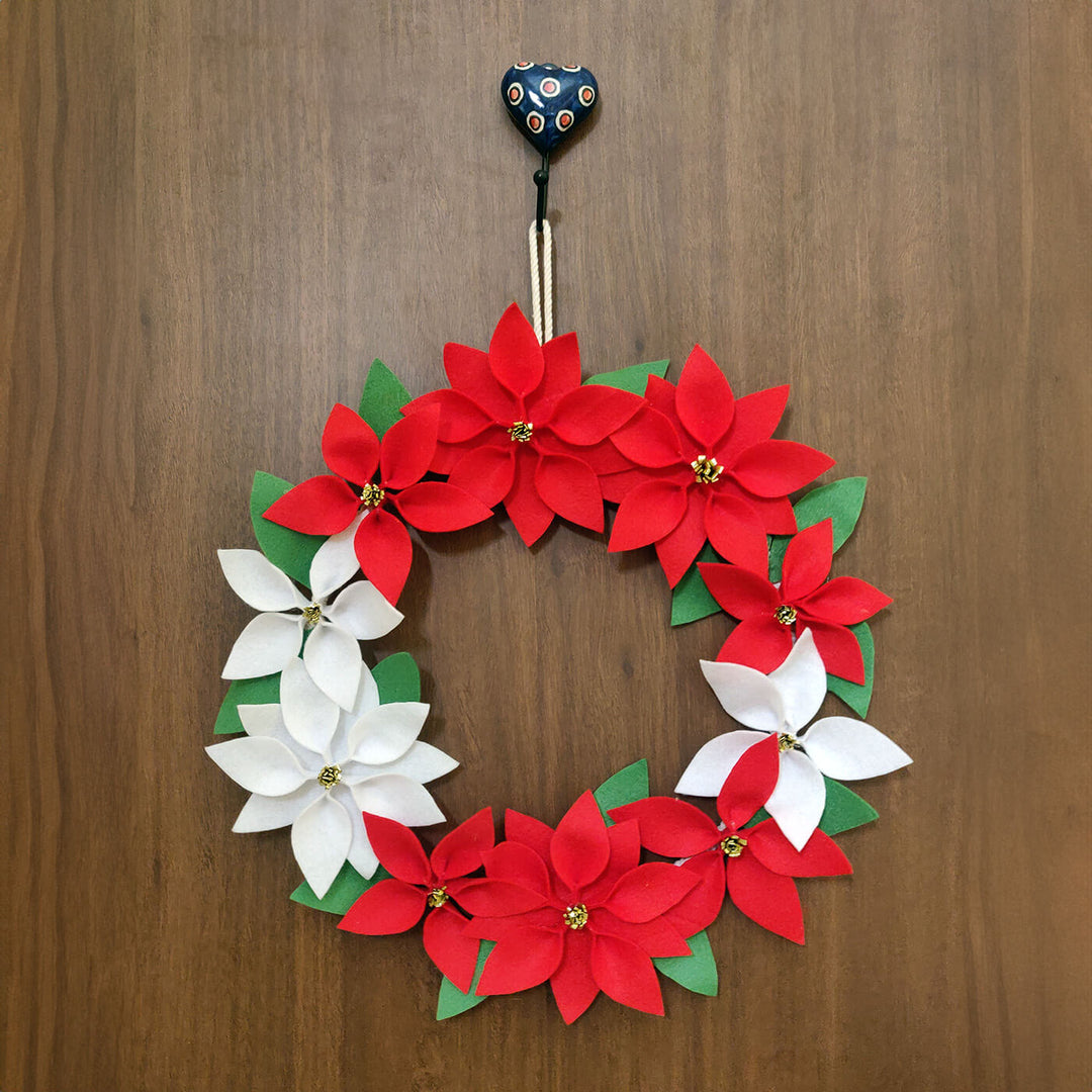 Handmade Red & White Felt Floral Wreath For Christmas Door Decoration