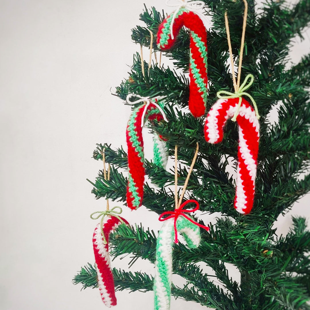 Handmade Candy Canes Crochet Ornaments For Christmas Tree Decoration | Set Of 5