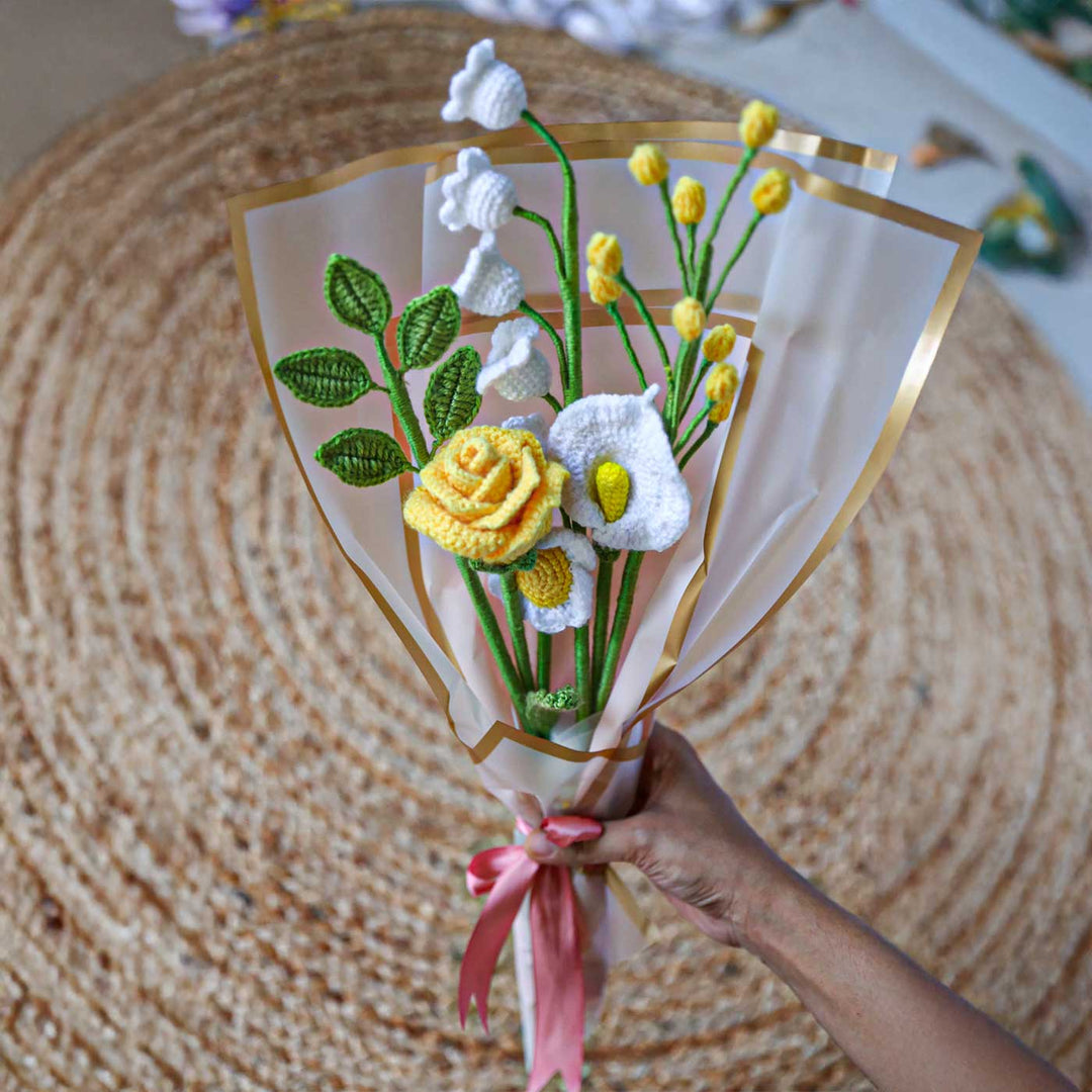 Handmade Crochet Yellow And White Flower Bouquet