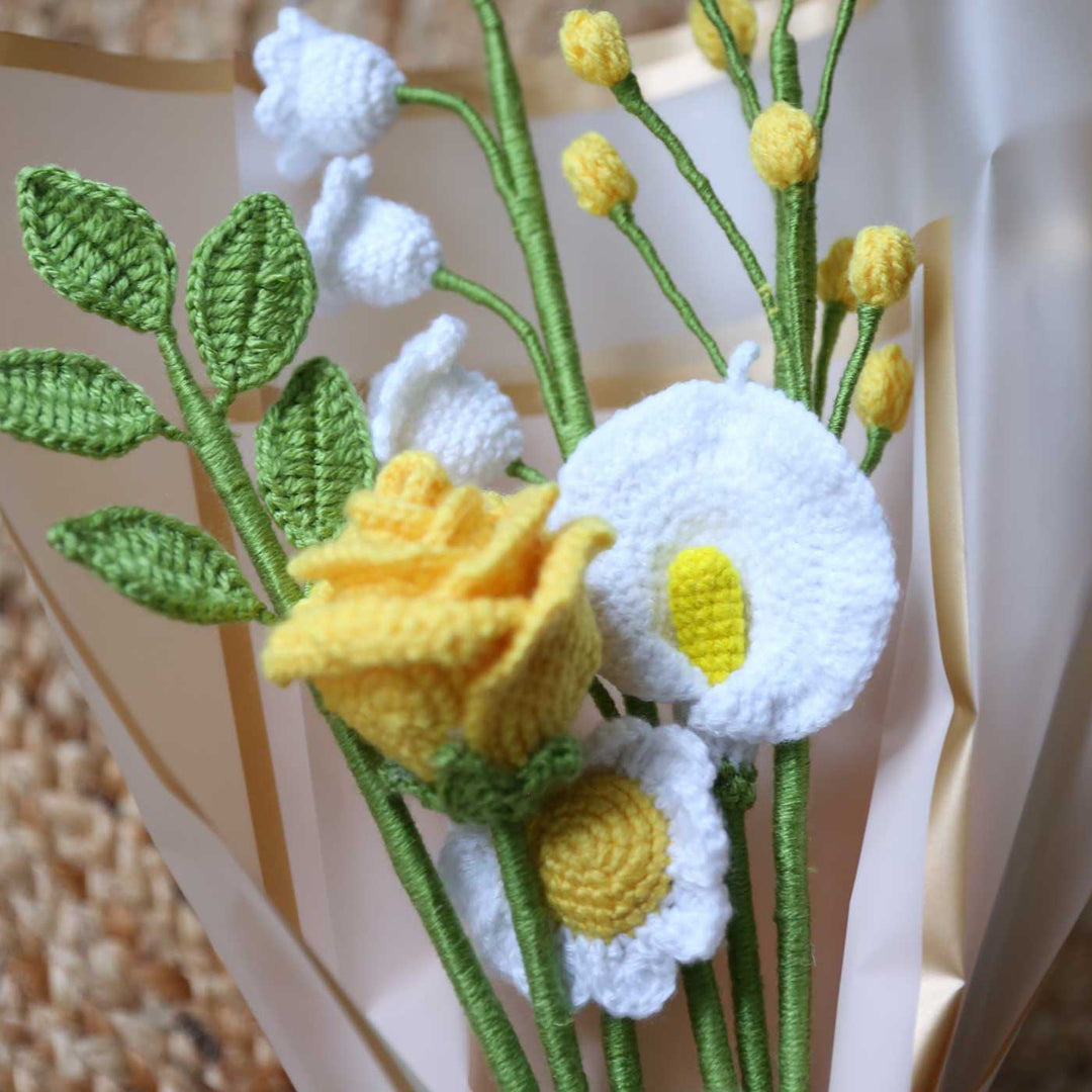 Handmade Crochet Yellow And White Flower Bouquet