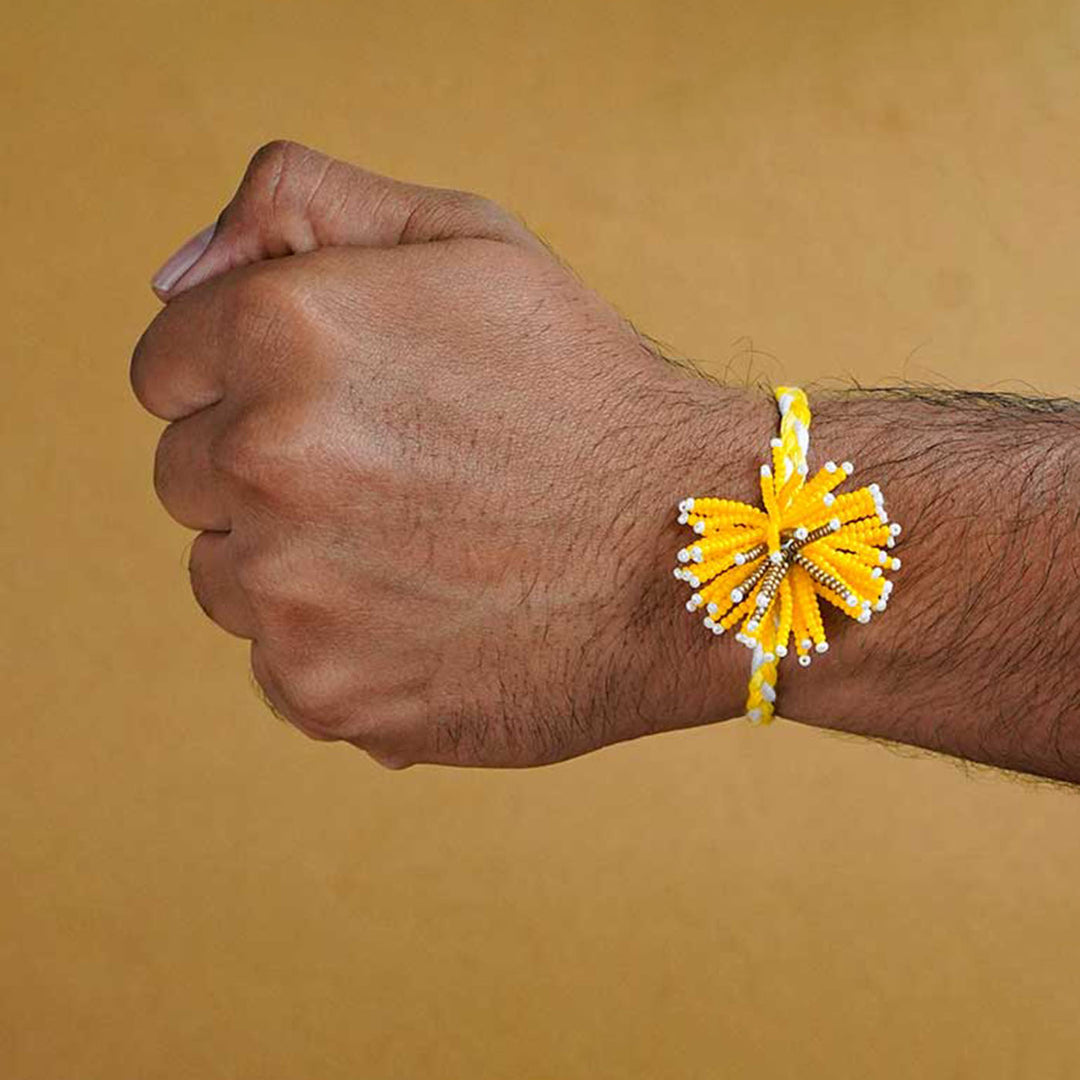 Reusable Beaded Yellow Flower Rakhi With Roli Chawal