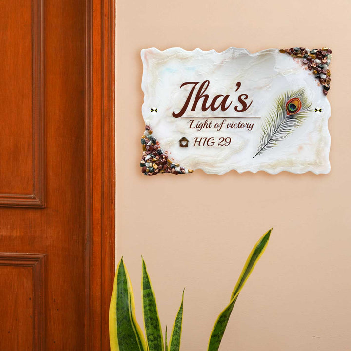 Personalized White Floral Theme Wavy Rectangle Resin & Acrylic Waterproof Name Plate