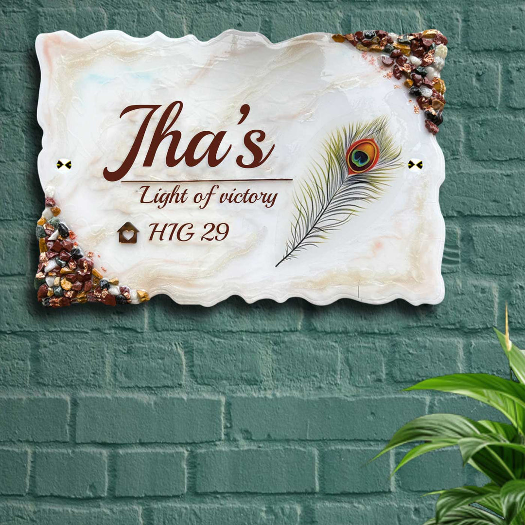 Personalized White Floral Theme Wavy Rectangle Resin & Acrylic Waterproof Name Plate