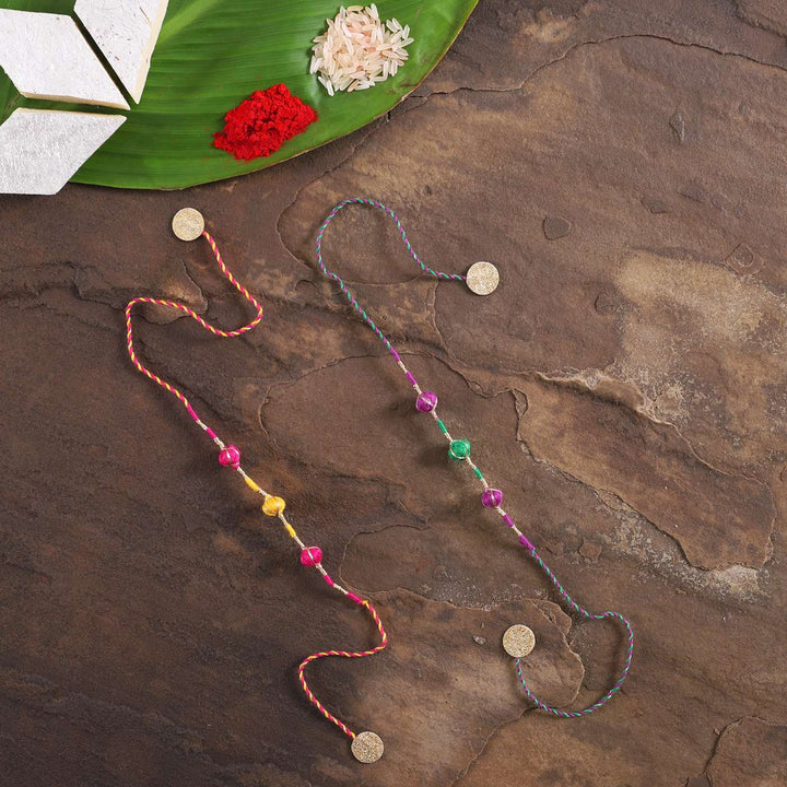 Handmade Zari Dori Fabric Rakhi With Roli Chawal | Set of 2