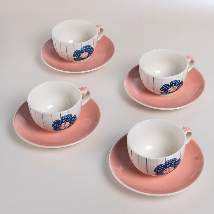 Handpainted Zinnia Ceramic Teacup & Saucer | Set Of 8