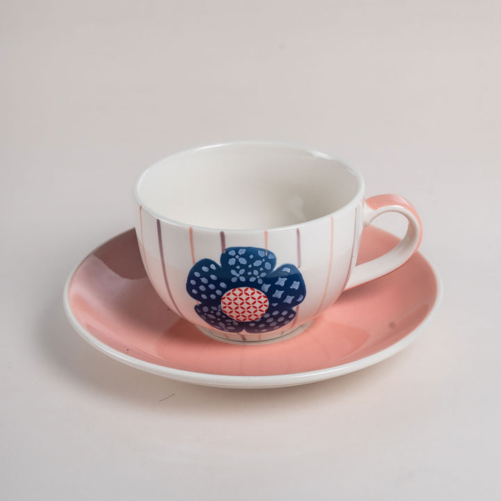 Handpainted Zinnia Ceramic Teacup & Saucer | Set Of 8