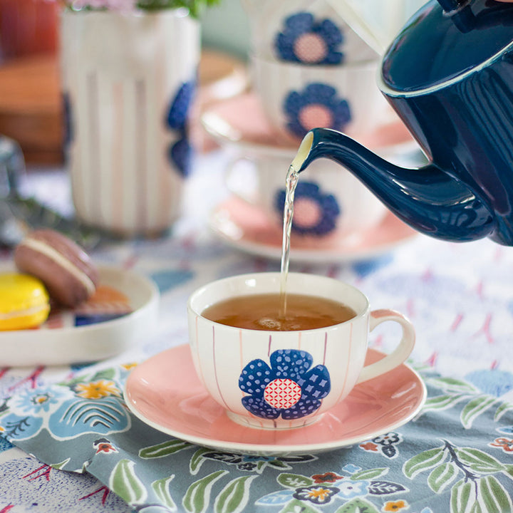 Handpainted Zinnia Ceramic Teacup & Saucer | Set Of 8