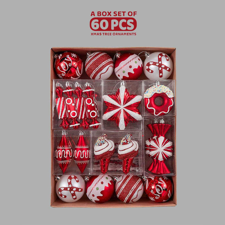 Red & White Candy theme Christmas Ball Ornaments For Decoration | Set of 60