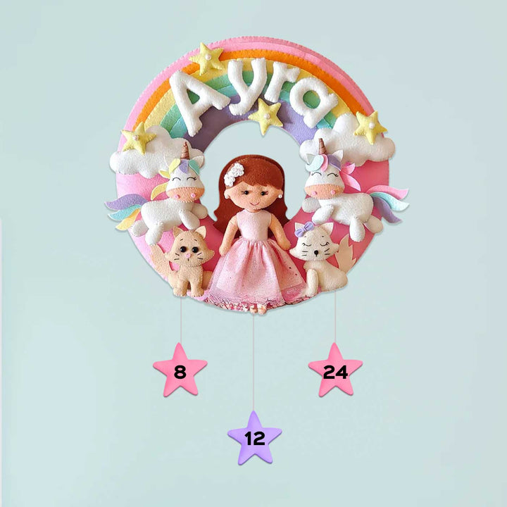 Hand-stitched Pastel Rainbow, Unicorn & Kitten Themed Round Felt Kids Name Plate for Girls