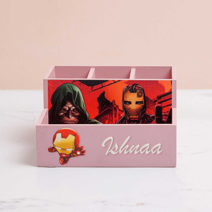 Personalized Ironman Theme Mdf Wood Stationery Organizer For Kids