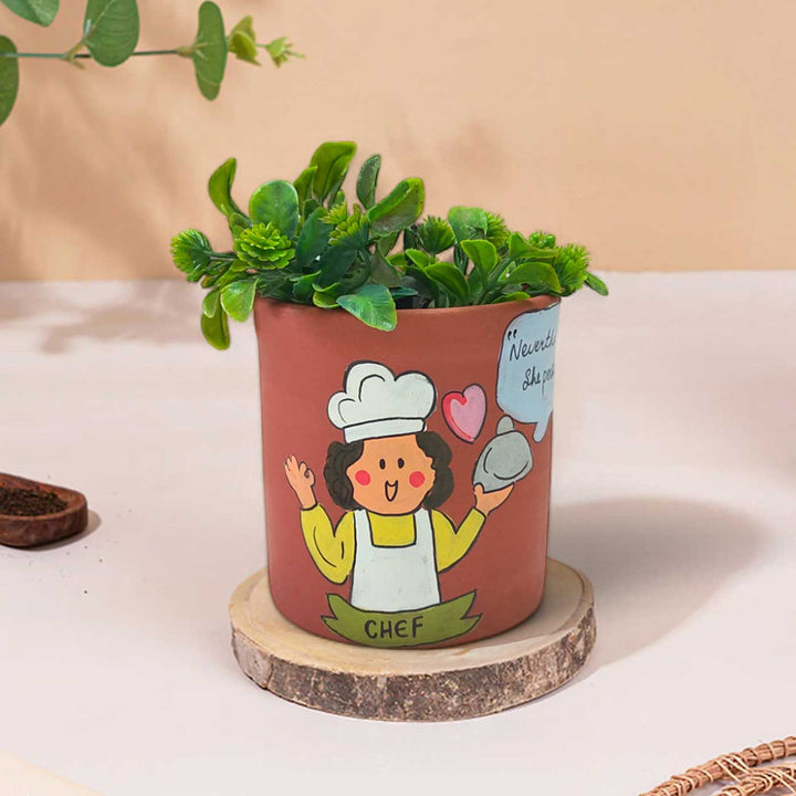 Handpainted Personalized Clay Planter With Chef Avatar Illustrations And Quote