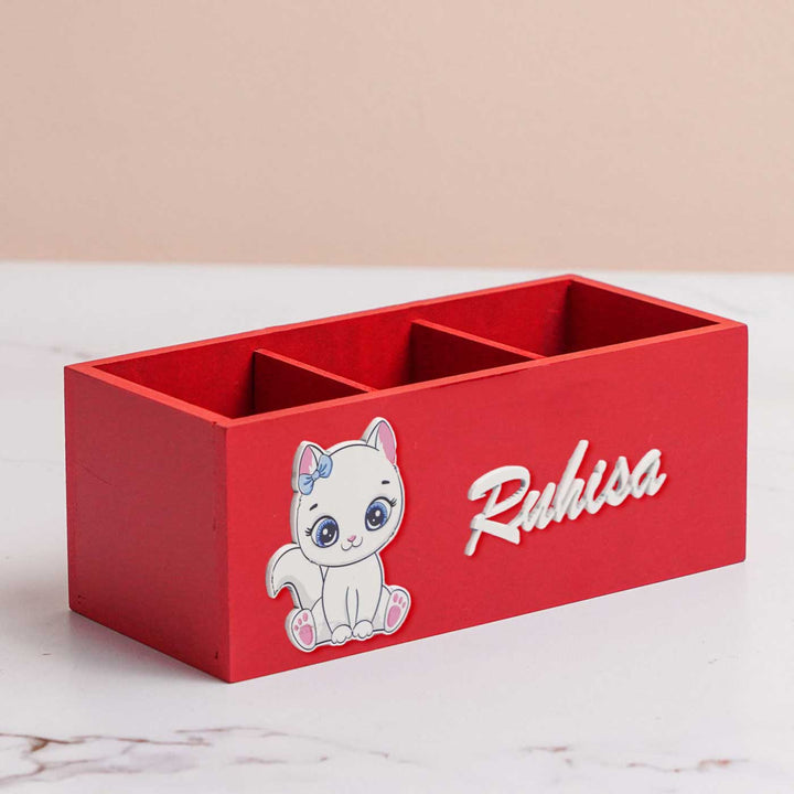 Personalized Cat Theme Mdf Wood Stationery Organizer For Kids