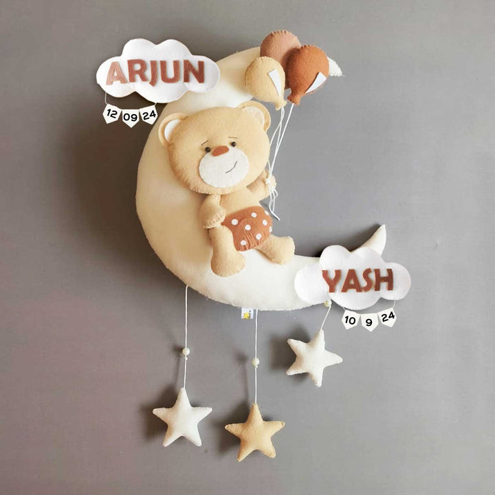 Hand-stitched Teddy Themed Felt Moon Nameplate with Birthdate For Kids