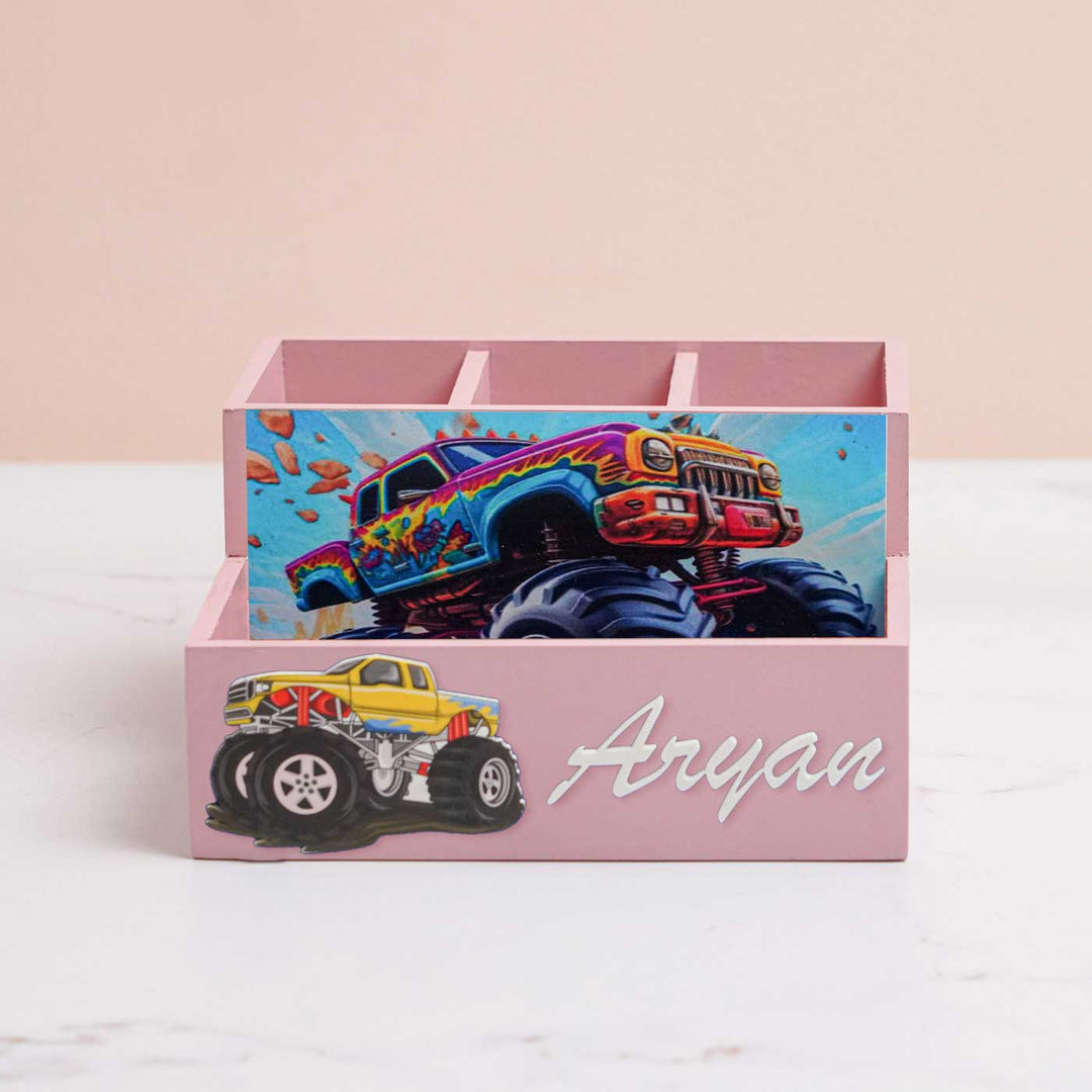 Personalized Truck Theme Mdf Wood Stationery Organizer For Kids