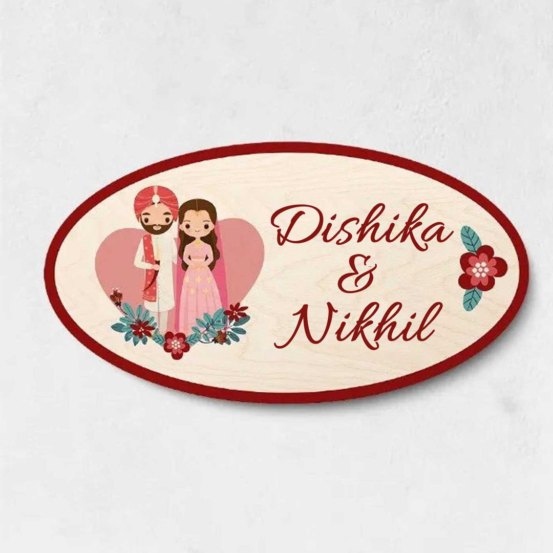 Printed Wooden Oval Sikh Couple Nameplate For Couples