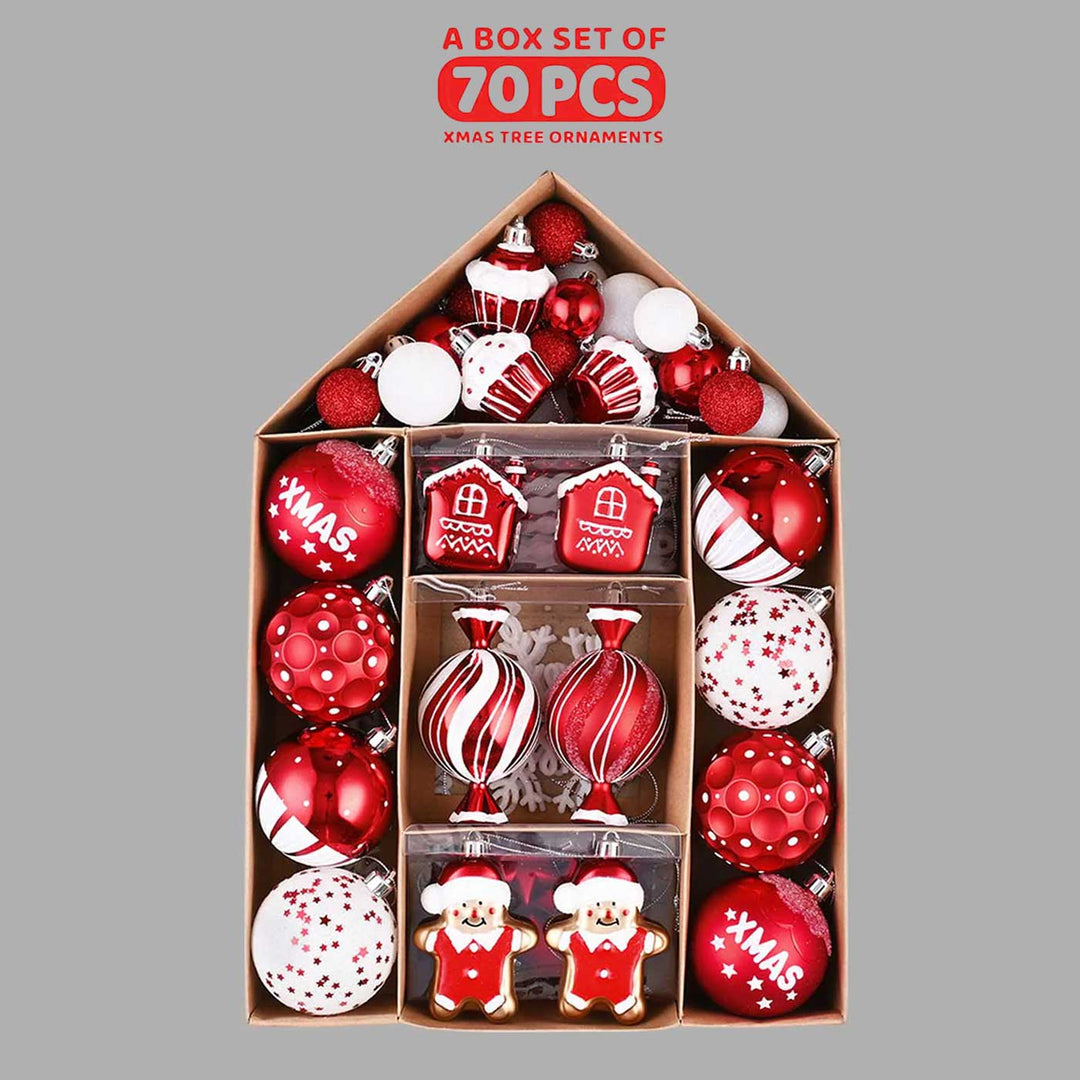 Red & White Gingerbread themed Christmas Ball Ornaments For Decoration | Set of 70