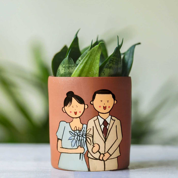 Handpainted Personalized Clay Planter With Photo Based Caricature