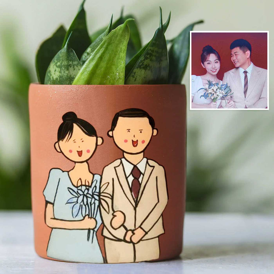 Handpainted Personalized Clay Planter With Photo Based Caricature