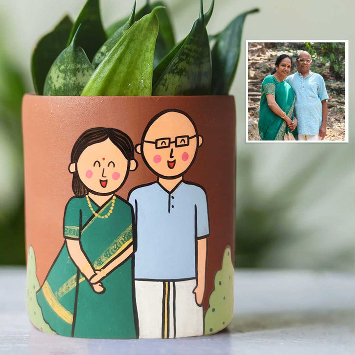 Handpainted Personalized Clay Planter With Photo Based Caricature