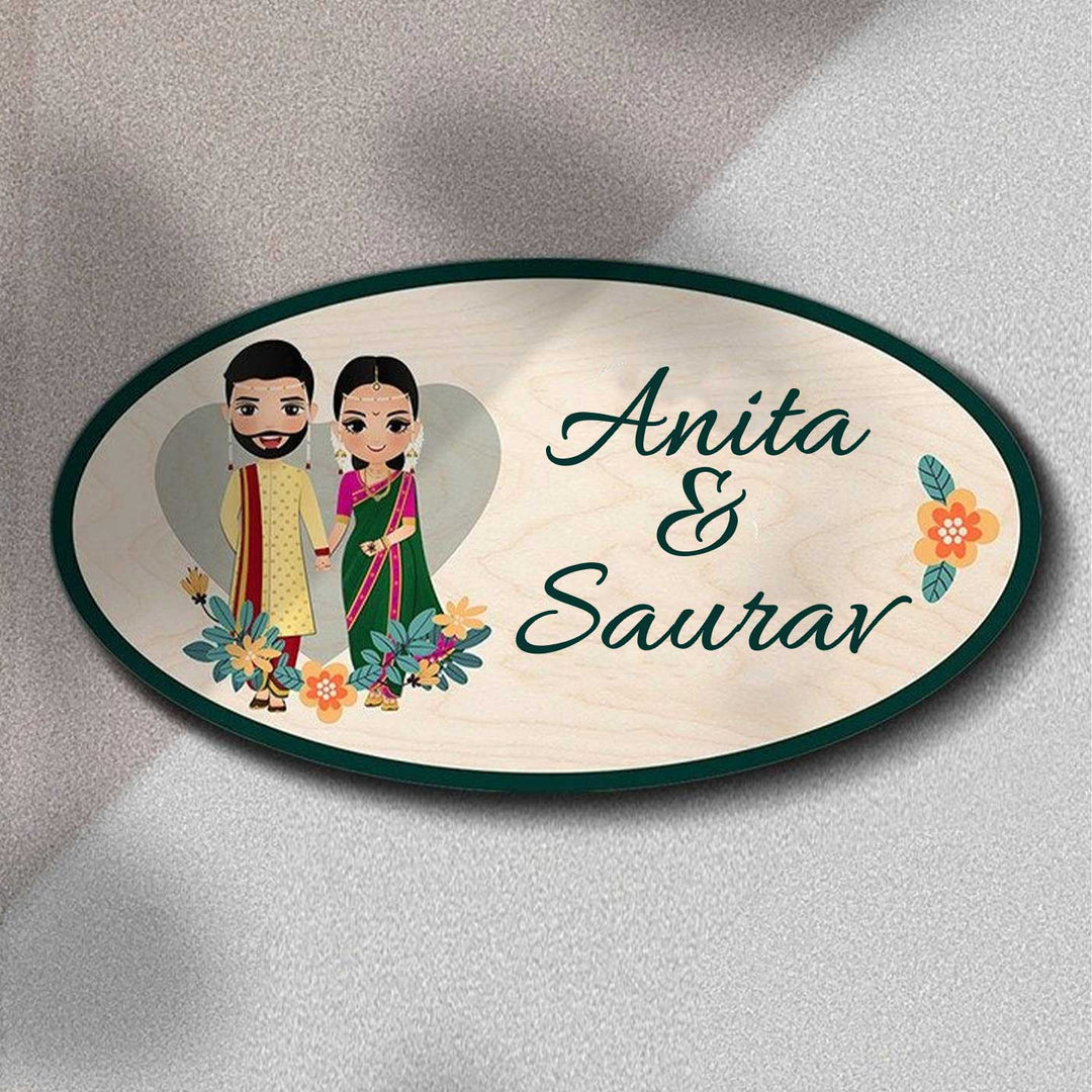 Printed Wooden Oval Marathi Couple Nameplate For Couples