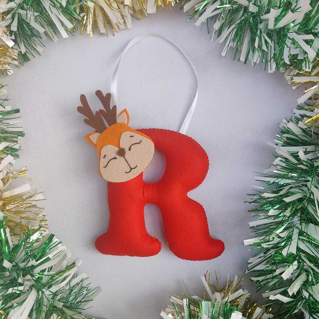 Personalized Initial With Reindeer Felt Ornament For Christmas Tree Decoration