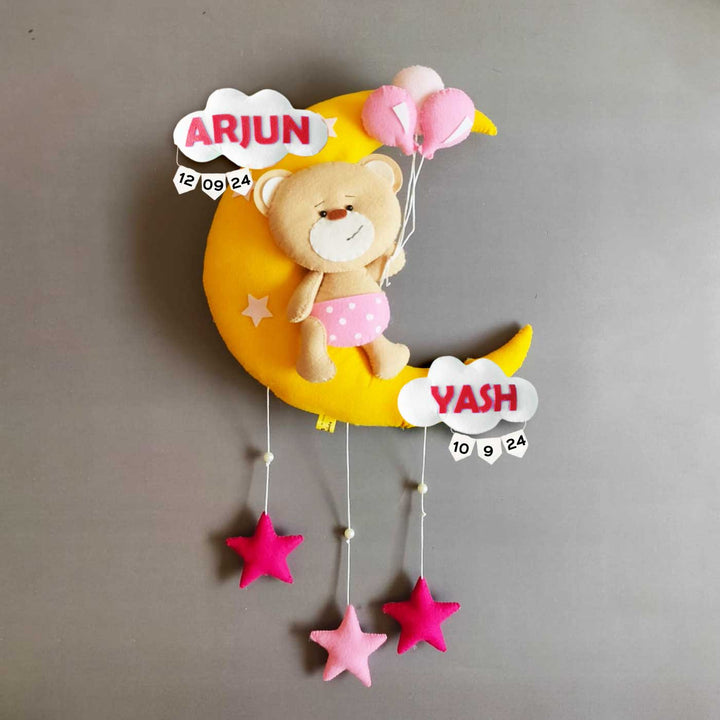 Hand-stitched Teddy Themed Felt Moon Nameplate with Birthdate For Kids - Brown