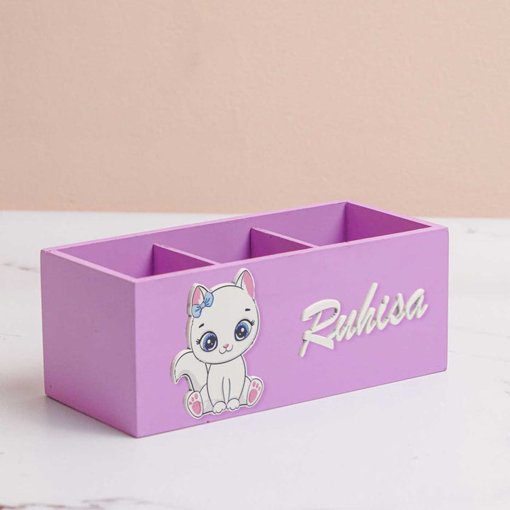 Personalized Cat Theme Mdf Wood Stationery Organizer For Kids