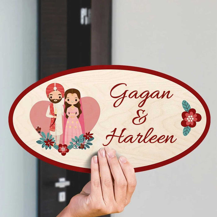 Printed Wooden Oval Sikh Couple Nameplate For Couples