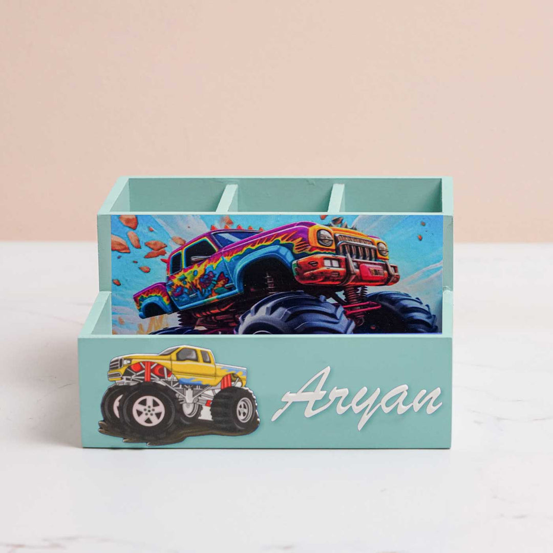 Personalized Truck Theme Mdf Wood Stationery Organizer For Kids