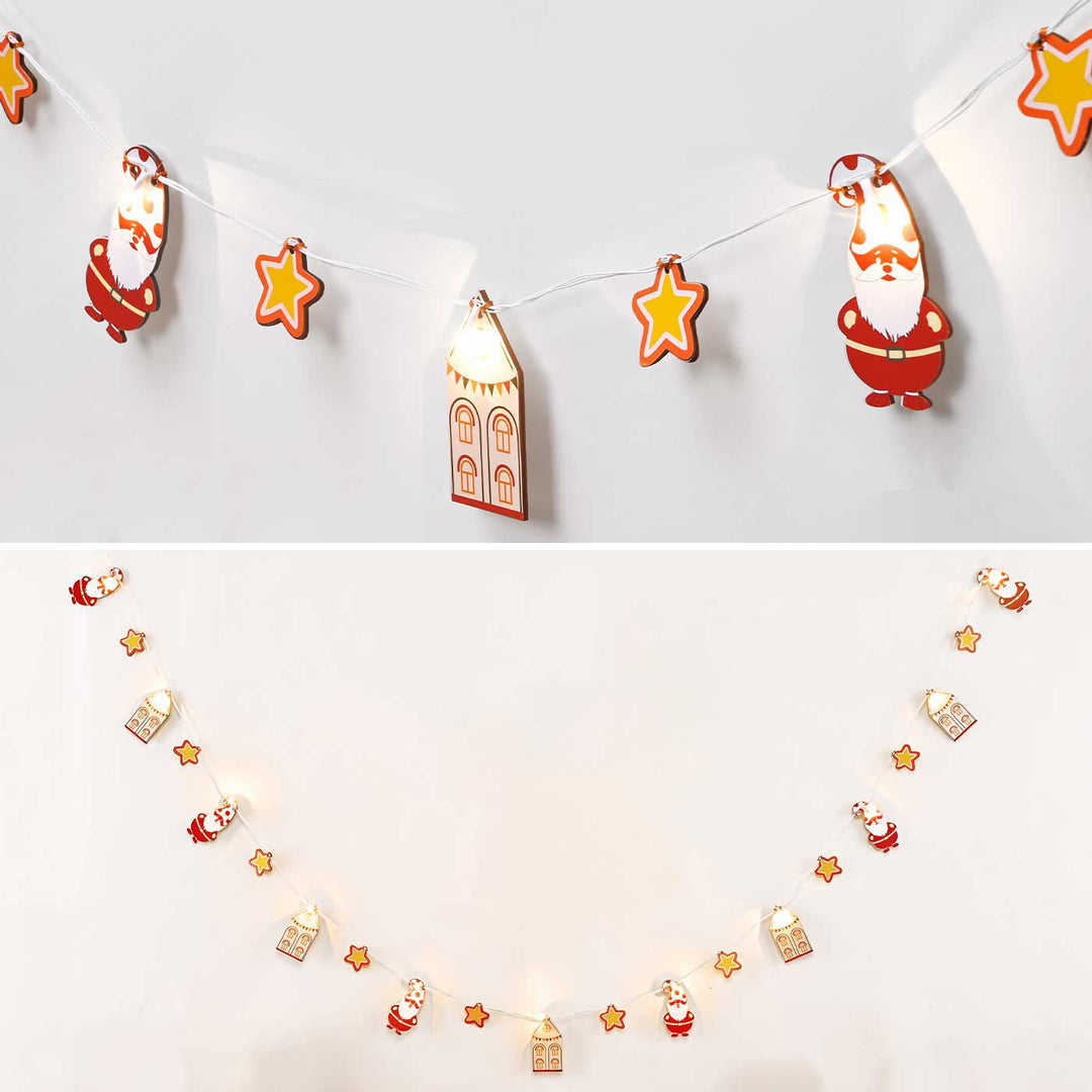 Decorative Pine Wood Santa, House & Star Fairy Light