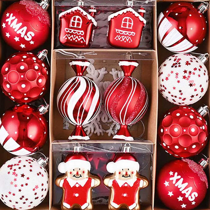 Red & White Gingerbread themed Christmas Ball Ornaments For Decoration | Set of 70