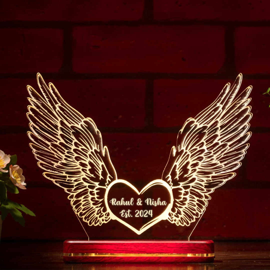 Personalized 3D Illusion Heart With Wings Acrylic Rechargeable LED Lamp