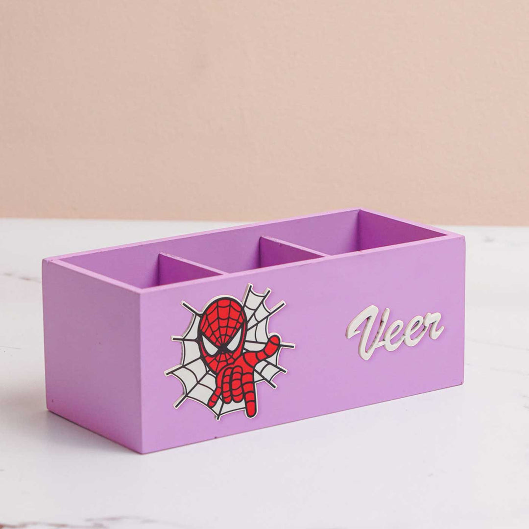 Personalized Spiderman Theme Mdf Wood Stationery Organizer For Kids