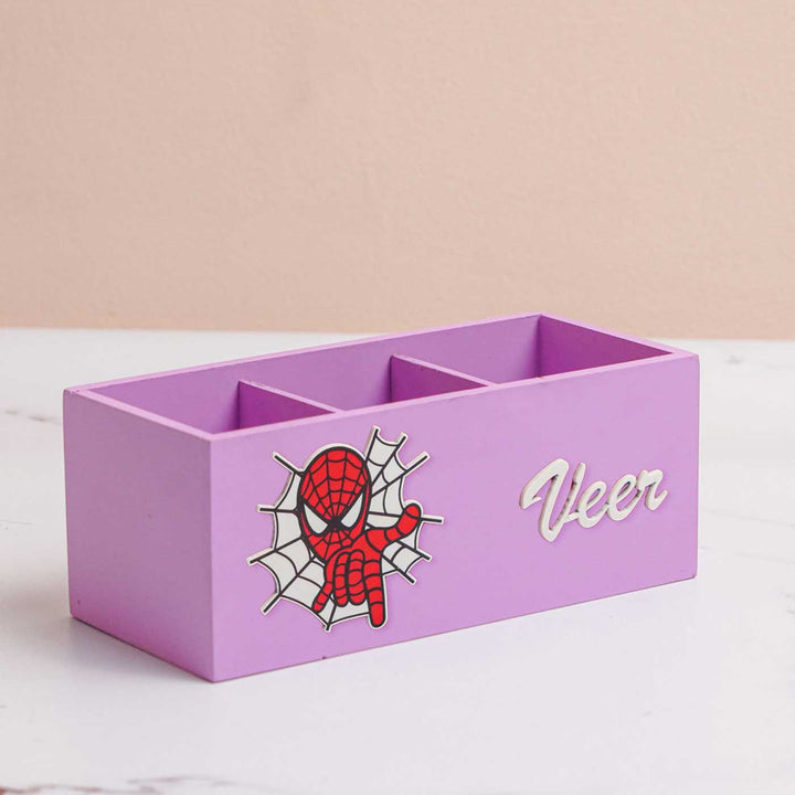 Personalized Spiderman Theme Mdf Wood Stationery Organizer For Kids