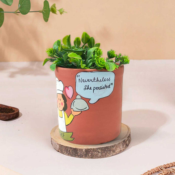 Handpainted Personalized Clay Planter With Chef Avatar Illustrations And Quote