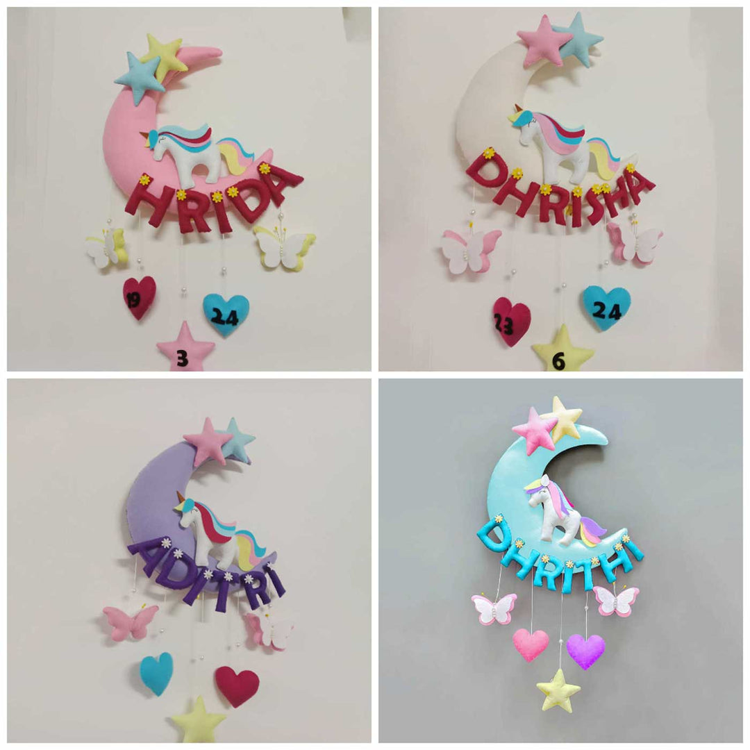 Hand-stitched Unicorn Themed Felt Moon Nameplate with Birthdate