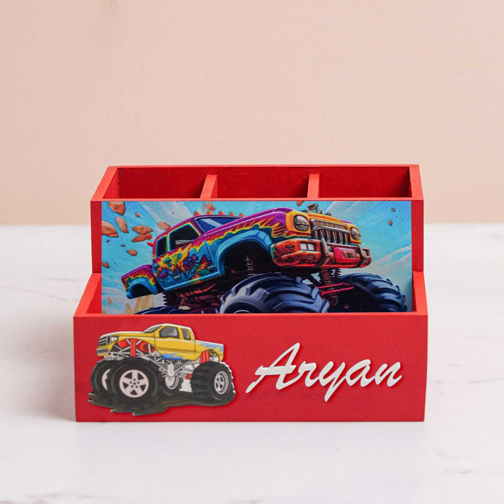 Personalized Truck Theme Mdf Wood Stationery Organizer For Kids