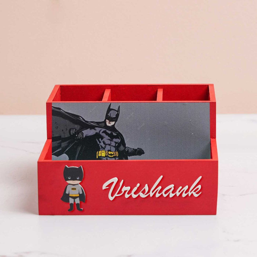 Personalized Batman Theme Mdf Wood Stationery Organizer For Kids