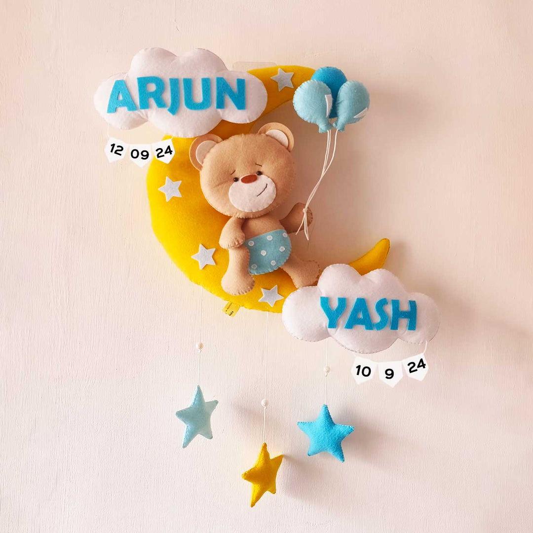 Hand-stitched Teddy Themed Felt Moon Nameplate with Birthdate For Kids - Brown