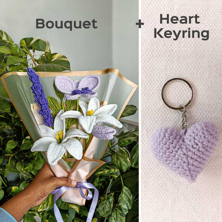 Handmade Crochet Lily & Orchid Flower Bouquet With Heart Keyring