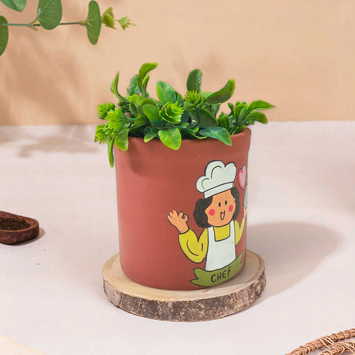 Handpainted Personalized Clay Planter With Chef Avatar Illustrations And Quote