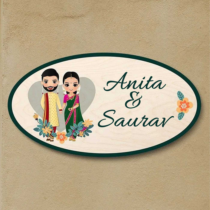 Printed Wooden Oval Marathi Couple Nameplate For Couples