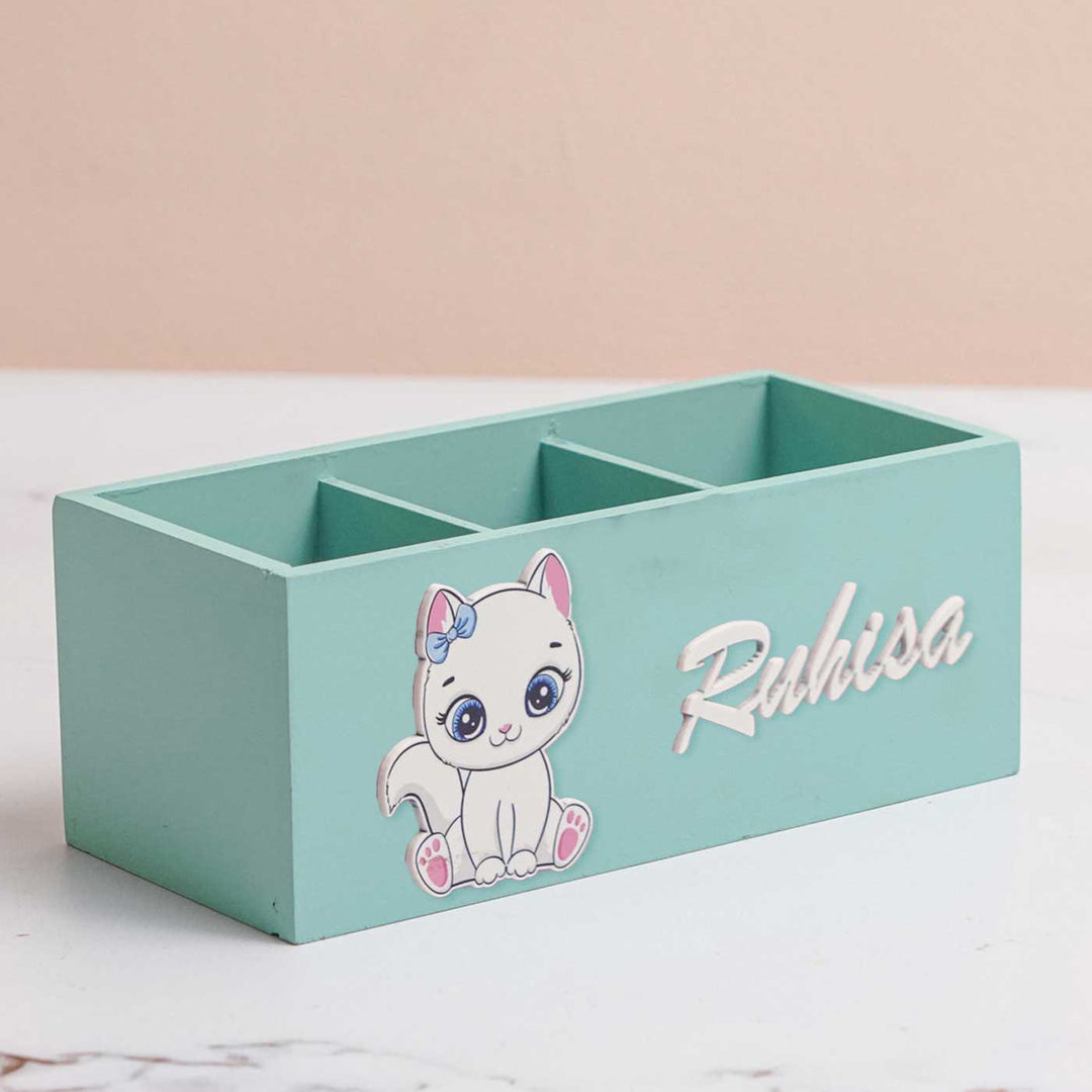 Personalized Cat Theme Mdf Wood Stationery Organizer For Kids