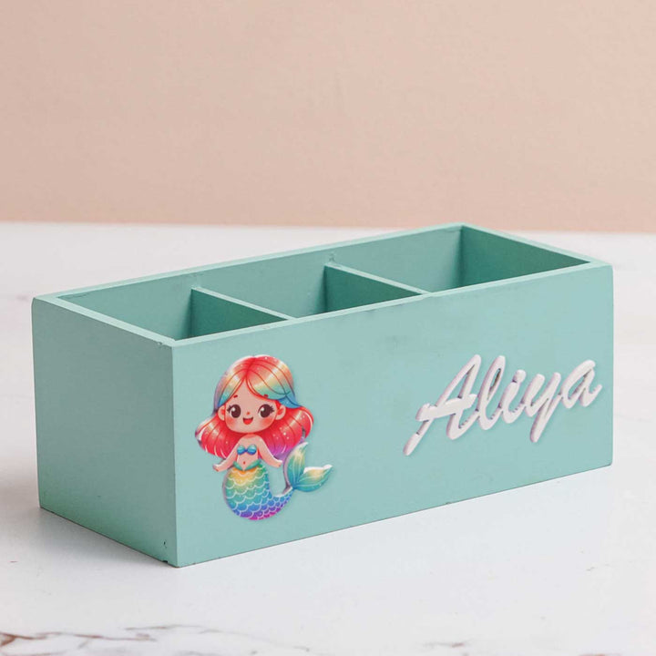 Personalized Mermaid Theme Mdf Wood Stationery Organizer For Kids