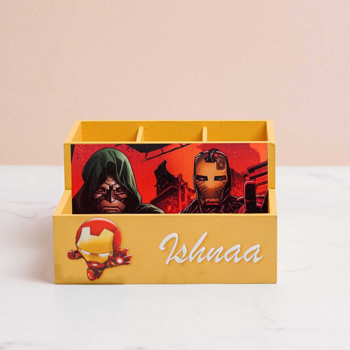 Personalized Ironman Theme Mdf Wood Stationery Organizer For Kids