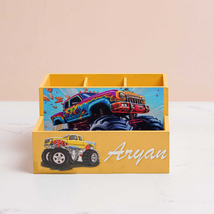 Personalized Truck Theme Mdf Wood Stationery Organizer For Kids